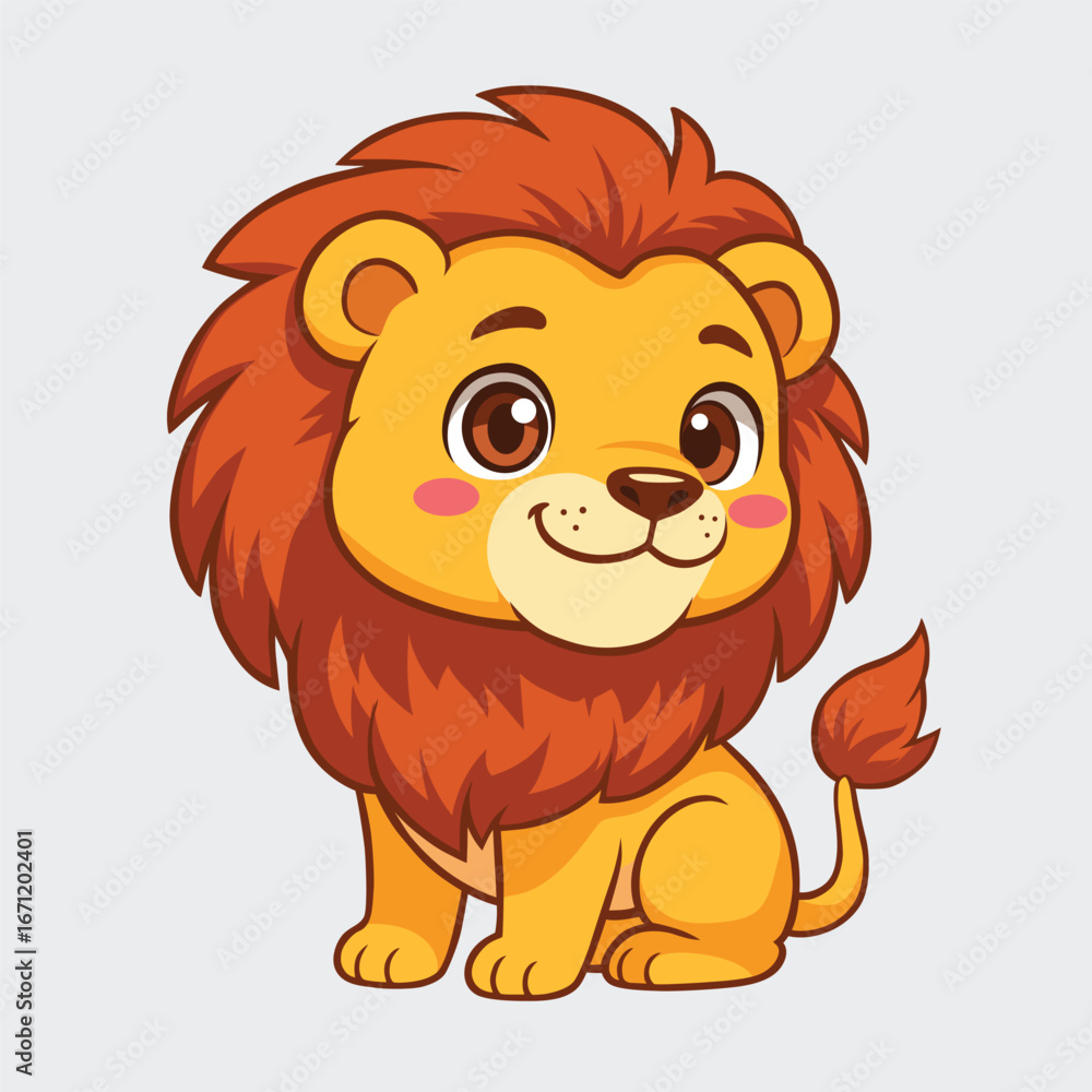 Obraz premium Cute Cartoon Lion in Kawaii Style – Adorable Baby Jungle King Vector Illustration for Kids and Mascot Designs