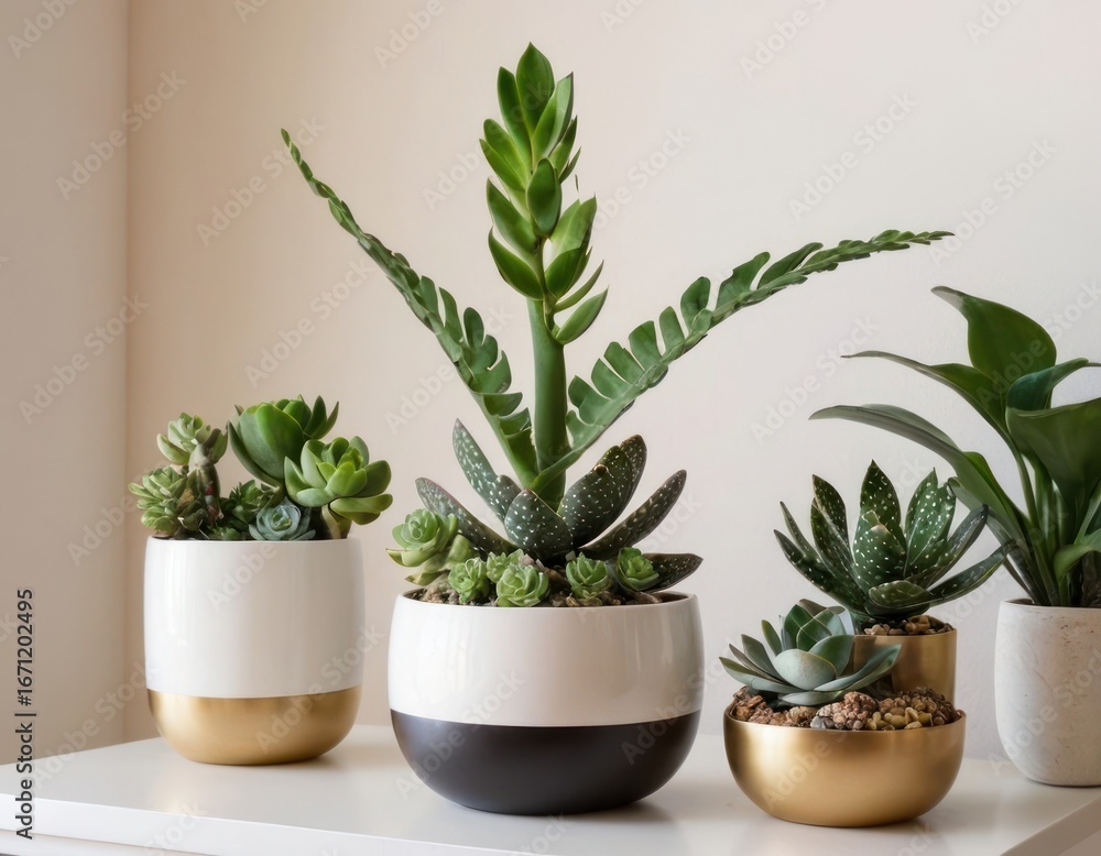 Fototapeta premium A Stylish Arrangement of Succulents and Plants in Modern Pots