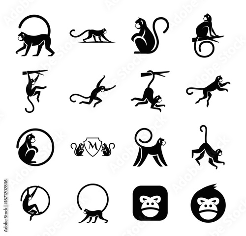 Diverse Collection of Monkey and Ape Silhouettes and Stylized Logo Designs for Branding and Graphic Design, Vector Illustration Set