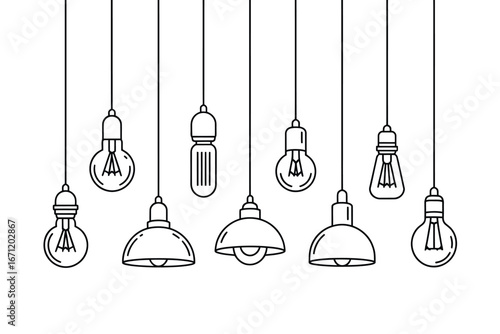 Collection of hand drawn vintage edison light bulbs and fixtures