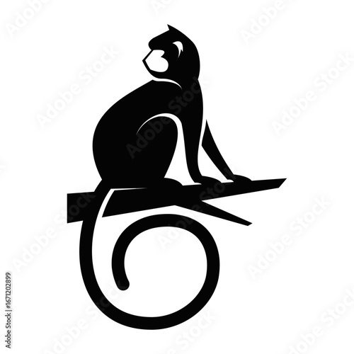 Stylized Monkey Silhouette Sitting on Tree Branch with Curly Tail - Black Graphic Vector Illustration