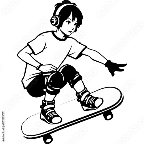 Sketchy sport emblem of young extreme sportsman flies in a jump on a skateboard. Engraving minimalistic vector in black ink drawing on transparent background