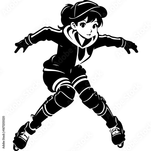 Sketchy sport emblem of inexperienced beginner athlete balances on roller skates. Engraving minimalistic vector in black ink drawing on transparent background
