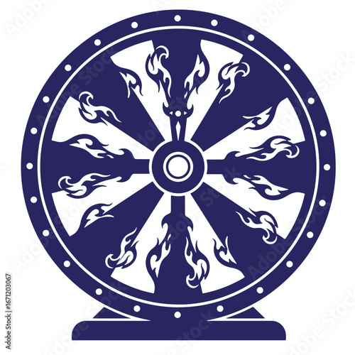 Intricate decorative wheel symbol featuring ornamental flame designs and deep blue coloration
