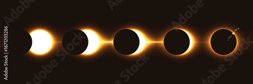 Different phases of solar eclipse. Iridescent round aura eclipse. Orange planet glow background. Sun or moon total eclipse in dark space. Star aurora flare with sparkles and sparkles effects.
