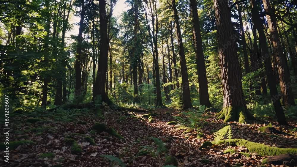 Serene forest scene captured at eye level, showcasing sunlit trees and lush greenery. Ideal for a calming nature video backdrop. Serene forest scene captured at eye level, showcasing sunlit trees and lush greenery. Ideal for a calming nature video backdrop.