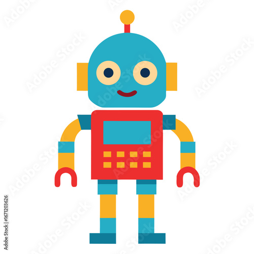 A colorful cartoon robot standing with a smile, isolated on white background