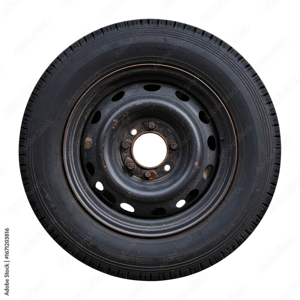 Fototapeta premium White background showing an isolated black automobile tire with a shiny aluminum rim