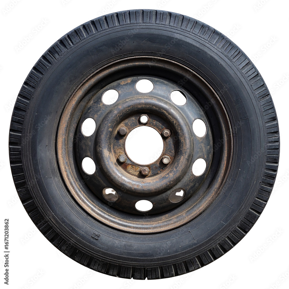 Fototapeta premium White background showing an isolated black automobile tire with a shiny aluminum rim