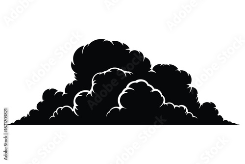 Dramatic silhouette of dark storm clouds against a white background