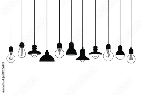 Collection of hanging light bulbs and fixtures on white background
