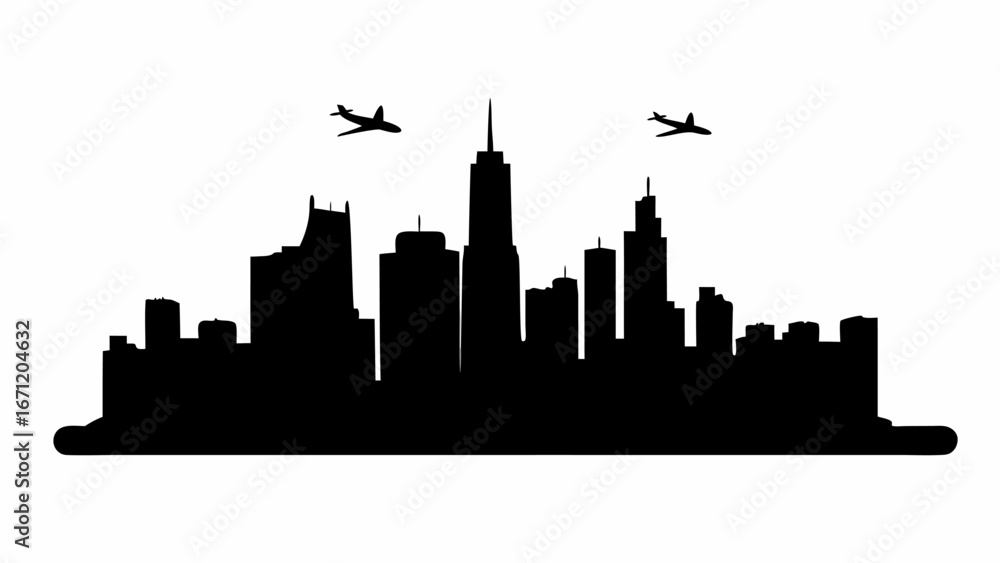 Obraz premium Silhouette of a city skyline with skyscrapers and two airplanes flying above the buildings at daytime