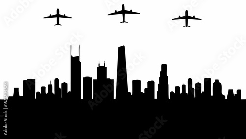 Silhouette of a city skyline with several buildings and three airplanes flying above in a monochrome image