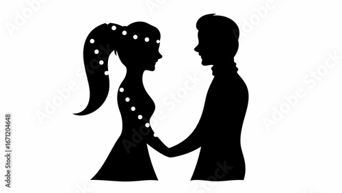 Silhouette of a bride and groom holding hands with the bride having white dots on her hair and dress