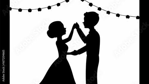 Silhouette of a couple dancing under string lights creating a romantic and festive atmosphere at night