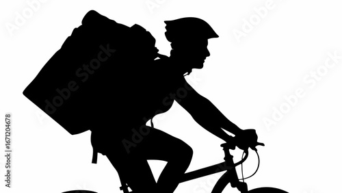 Silhouette of a cyclist with a large delivery bag on their back riding a bicycle on a white background
