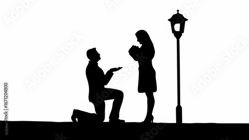 Silhouette of a man proposing to a woman under a lamppost in a romantic black and white scene outdoors