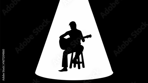 Silhouette of a musician playing guitar on a stool under a bright spotlight in a dark background scene