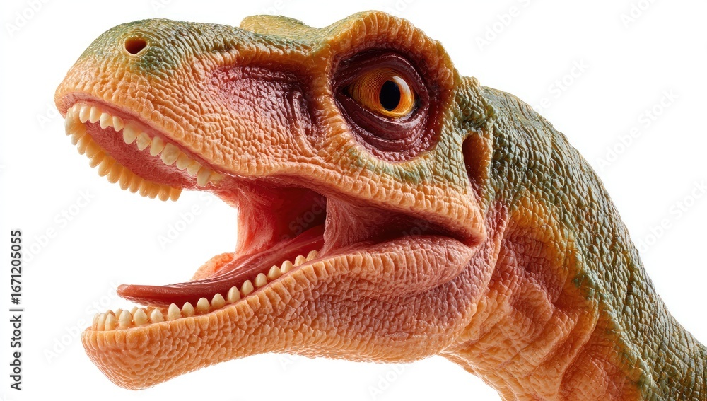 Obraz premium Close-up of a dinosaur's head. A small, detailed dinosaur head, likely a toy, is shown against a white background. The head is light orange-tan, with greenish-gray scales.