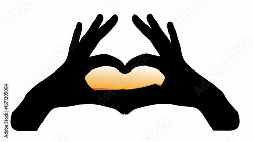 Silhouette of hands forming a heart shape with a gradient fill inside on a white background image view