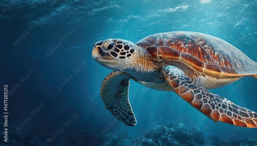 Fototapeta premium Sea turtle in vibrant underwater scene