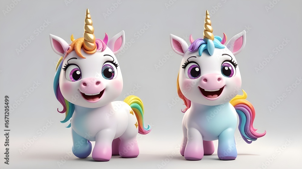 Fototapeta premium Two cute and adorable 3D unicorn characters