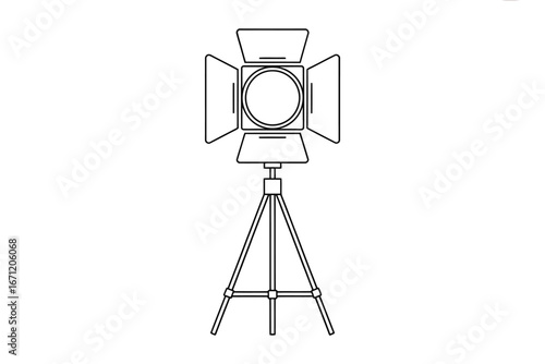 Black and white line drawing of a professional lighting fixture on a tripod