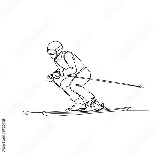 skier player, simple minimalist aesthetic one line art, isolated on white background