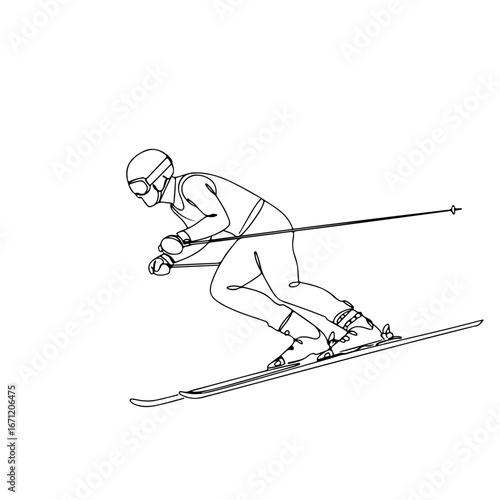 skier player, simple minimalist aesthetic one line art, isolated on white background