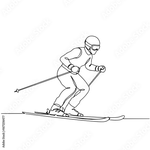 skier player, simple minimalist aesthetic one line art, isolated on white background