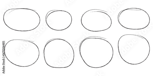 Hand drawn Black crayon ovals and circles set. Ellipses in Black pencil doodle style. Round freehand shapes, emphasis highlights. Rough crayon circles. Variety best design Black crayon ovals. EPS 10