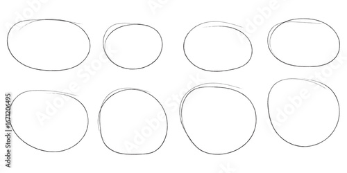 Hand drawn Black crayon ovals and circles set. Ellipses in Black pencil doodle style. Round freehand shapes, emphasis highlights. Rough crayon circles. Variety best design Black crayon ovals. EPS 10