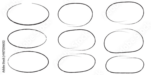 Hand drawn Black crayon ovals and circles set. Ellipses in Black pencil doodle style. Round freehand shapes, emphasis highlights. Rough crayon circles. Variety best design Black crayon ovals. EPS 10