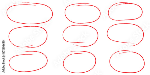 Hand drawn Red crayon ovals and circles set. Ellipses in red pencil doodle style. Round freehand shapes, emphasis highlights. Red round rough thin frames. Best Design Vector illustrator. EPS 10