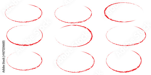 Hand drawn Red crayon ovals and circles set. Ellipses in red pencil doodle style. Round freehand shapes, emphasis highlights. Red round rough thin frames. Best Design Vector illustrator. EPS 10