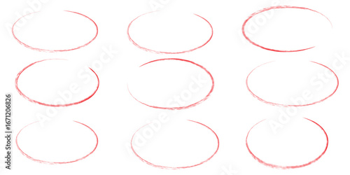 Hand drawn Red crayon ovals and circles set. Ellipses in red pencil doodle style. Round freehand shapes, emphasis highlights. Red round rough thin frames. Best Design Vector illustrator. EPS 10
