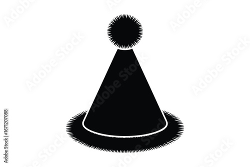 Black party hat with fluffy trim and pom pom