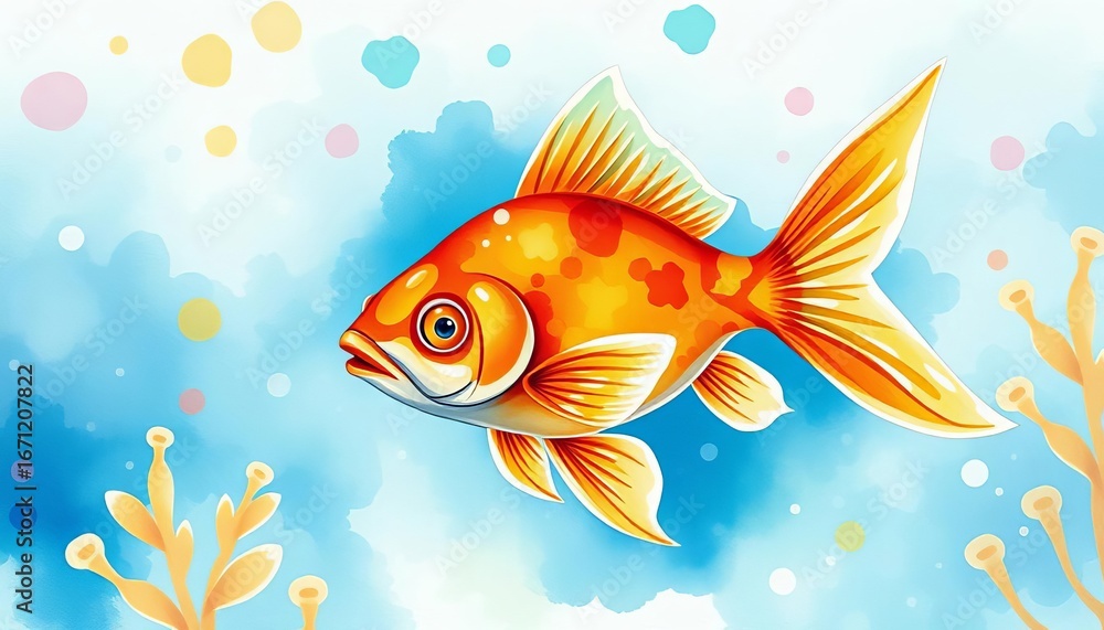 Fototapeta premium Whimsical watercolor goldfish, vibrant colors, serene underwater scene, playful style, aquatic, fantasy