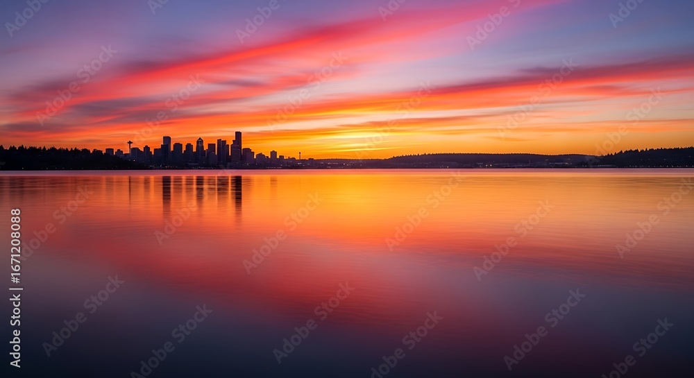 Obraz premium Vibrant Sunset Over City Skyline Reflected in Calm Water.