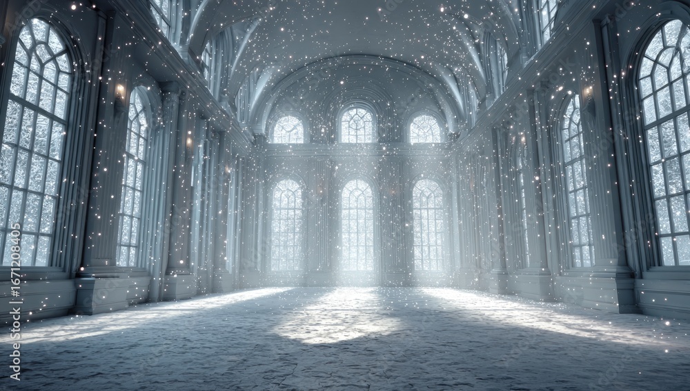 Obraz premium Snowy, grand hall with arched windows