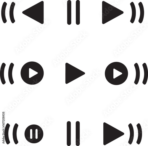 Media Player Control Icons – Play, Pause, and Sound Vector Set