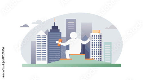 Triumphant champion sitting atop winners podium with city skyline backdrop, celebrating success and leadership, a symbol of achievement and corporate victory, motivational goals