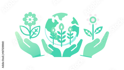Embrace environmental sustainability with plants, a globe, and nurturing hands, symbolizing growth, care, and a greener future for generations to come