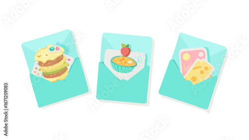 Delightful pastel mail showing sweet treats and snacks, perfect for party invitations, food blogs, or unique stationery designs, a fun and cheerful aesthetic for various creative projects