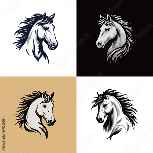 Wallpaper Mural Four unique illustrations showcase horse heads, creatively designed in varying styles and colors. Each artwork presents a different visual interpretation, emphasizing the beauty of horses. Torontodigital.ca