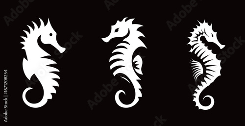 Three distinct seahorse designs feature flowing lines and creative patterns, showcasing the beauty of marine life with a contemporary twist. Each design is unique in style.