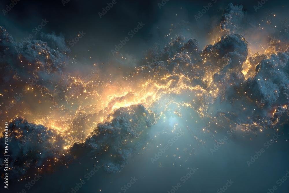Fototapeta premium Cosmic clouds ablaze with golden light
