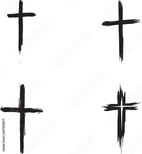 Cross Symbol Brush Stroke Vector Set – Grunge Religious Design