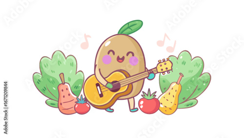 Whimsical fruit character serenading with a guitar, surrounded by lush greenery, cheerful musical notes creating a joyful, playful mood for children's content and cheerful designs