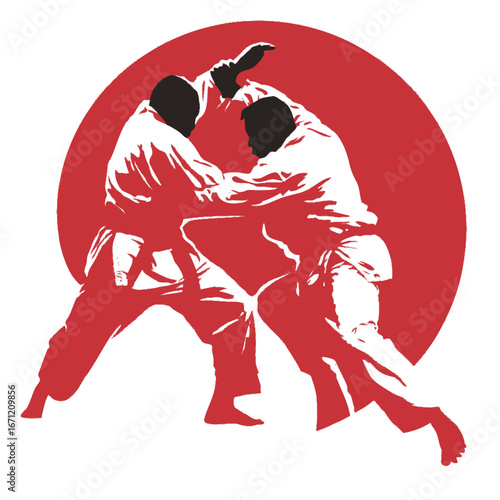 Two martial artists practice judo in a spirited match, showcasing skill and strength against a striking red backdrop. Their intense focus highlights the art of combat.